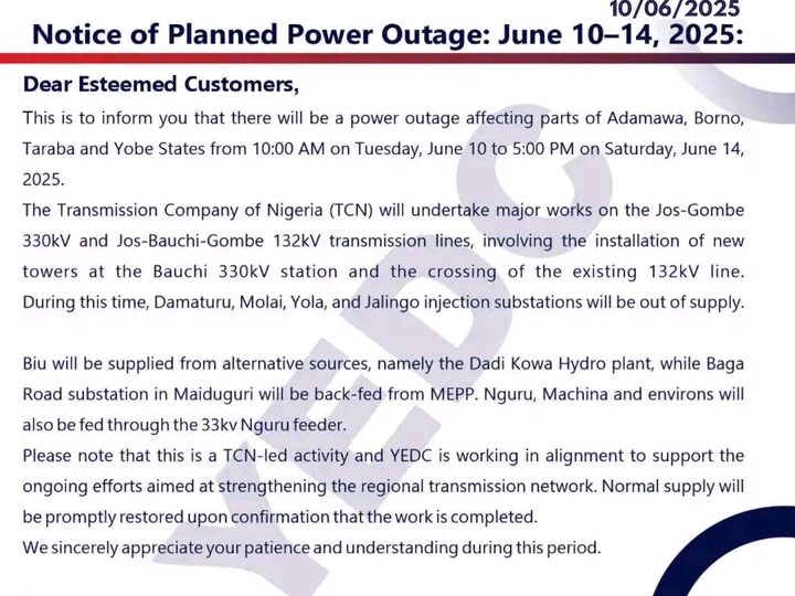 Power Outage: YEDC Announces 5-Day Blackout in Parts of Northeast